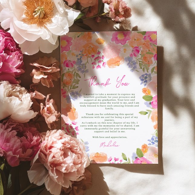 Tarjeta De Agradecimiento Graduación moderna de Boho Peach y Pink Floral (Modern Boho Peach and Pink Floral Graduation Thank You Card)