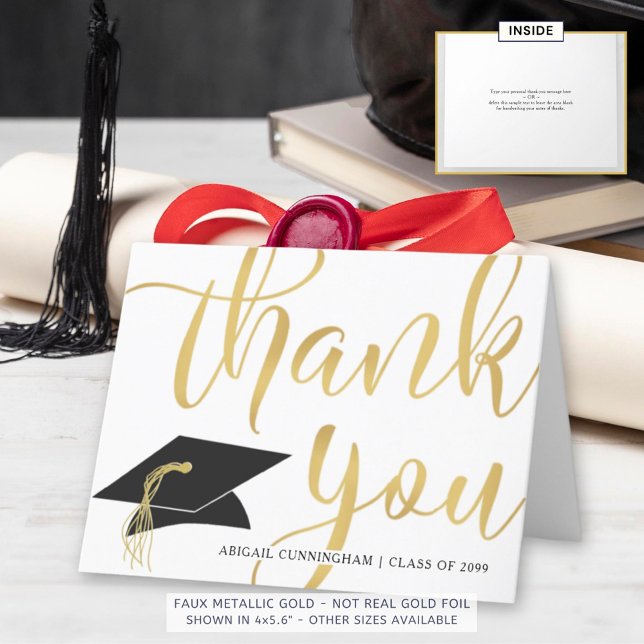 Tarjeta De Agradecimiento Graduación moderna de Faux Metallic Gold Script (Subido por el creador)