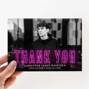 Tarjeta De Agradecimiento Graduación moderna de fotos de neón magenta