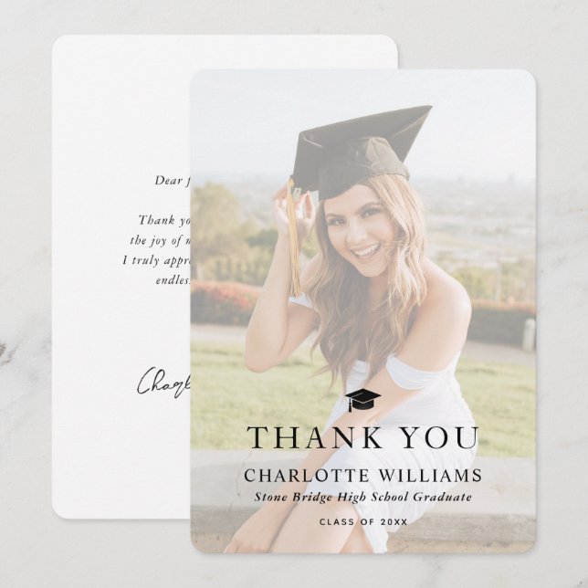 Tarjeta De Agradecimiento Graduación moderna de fotos en blanco y negro (Anverso / Reverso)