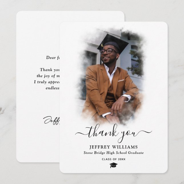 Tarjeta De Agradecimiento Graduación moderna de guiones en blanco y negro (Anverso / Reverso)