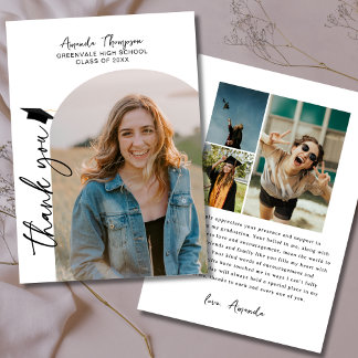 Tarjeta De Agradecimiento Graduación moderna en blanco negro y Collage de fo