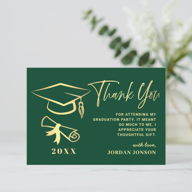 Tarjeta De Agradecimiento Graduación moderna verde dorado (Anverso de pie)