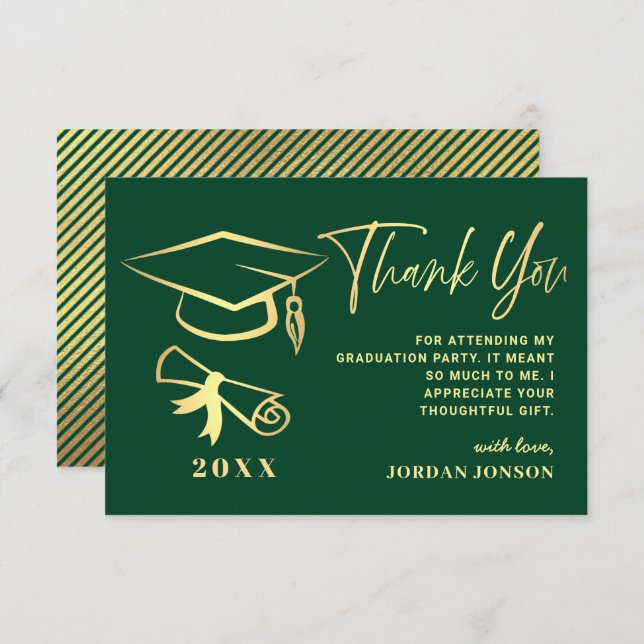 Tarjeta De Agradecimiento Graduación moderna verde dorado (Anverso / Reverso)