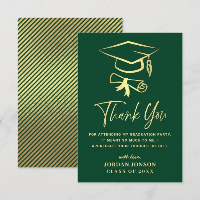 Tarjeta De Agradecimiento Graduación moderna verde dorado (Anverso / Reverso)