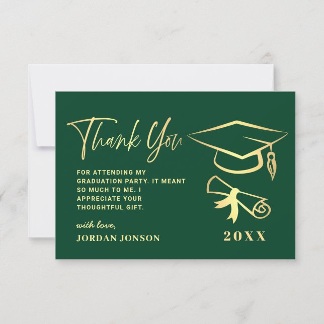 Tarjeta De Agradecimiento Graduación moderna verde dorado (Anverso)
