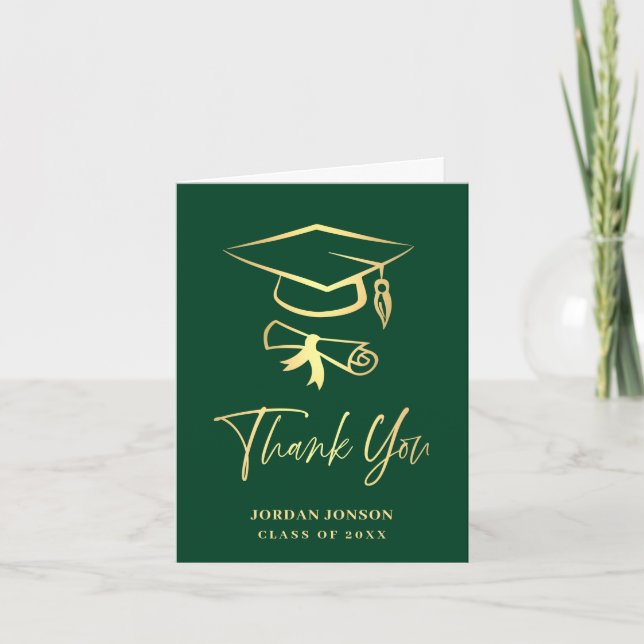 Tarjeta De Agradecimiento Graduación moderna verde dorado (Anverso)