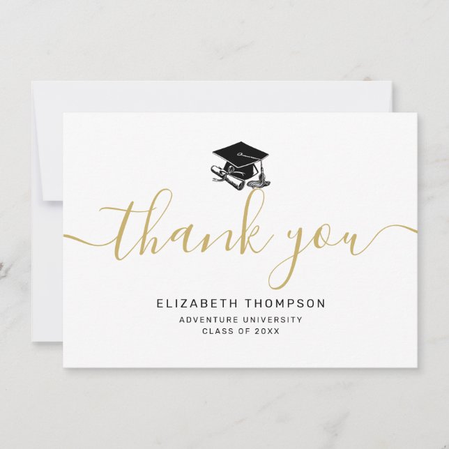 Tarjeta De Agradecimiento Graduación sencilla de tapón negro de guion dorado (Anverso)