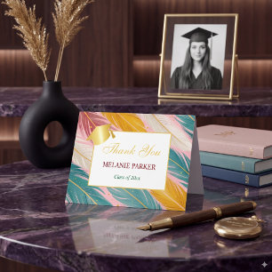 Tarjeta De Agradecimiento Graduación universitaria en rosa, verde azulado y 