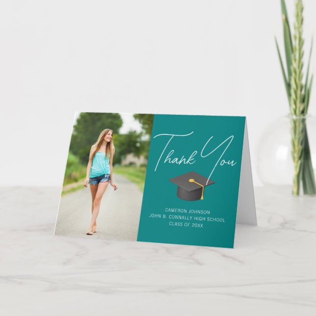 Tarjeta De Agradecimiento Graduación Verde azulada de Personalizado de fotog (Anverso)