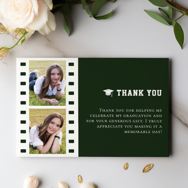 Tarjeta De Agradecimiento Graduación verde de Collage de fotos Filmstrik Gra (Green Filmstrip Photo Collage Graduation Thank You Cards)