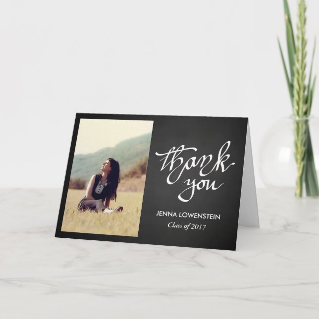 Tarjeta De Agradecimiento Graduado de Chalkboard Gracias Por La Foto Escrita (Anverso)