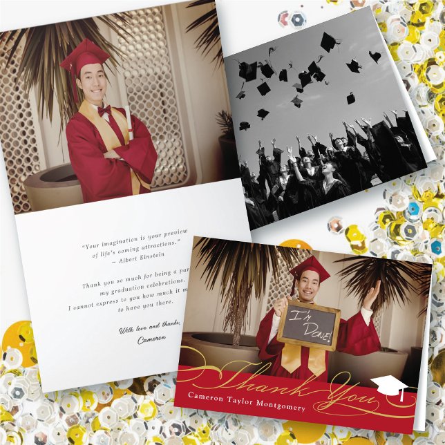 Tarjeta De Agradecimiento Graduado de foto de cierre de guión de Moda elegan (Stylish Chic Calligraphy Script Graduation Cap Elegant Photo Graduate Thank You Folded Note Card )