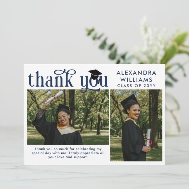 Tarjeta De Agradecimiento Graduado de fotografía superior con elegancia azul (Anverso de pie)