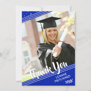 Tarjeta De Agradecimiento Graduado Gracias Líneas y Estrellas Azul Real