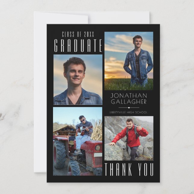 Tarjeta De Agradecimiento GRADUADO Mínimo Sleek GRACIAS Cuatro Fotos Negro (Anverso)