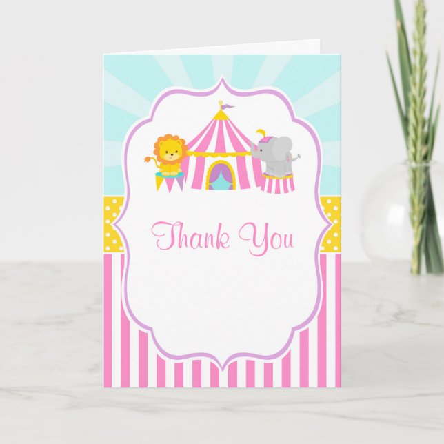 Tarjeta De Agradecimiento Gran Carnaval de Circo Big Top Cumpleaños en Rosa (Anverso)