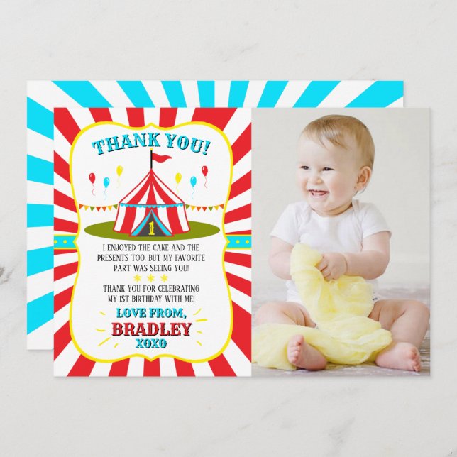 Tarjeta De Agradecimiento Gran carnaval de circo top Foto de cumpleaños 1 (Anverso / Reverso)