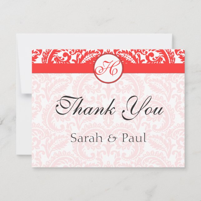 Tarjeta De Agradecimiento Granadina Snapdragon Coral Damask Wedding (Anverso)