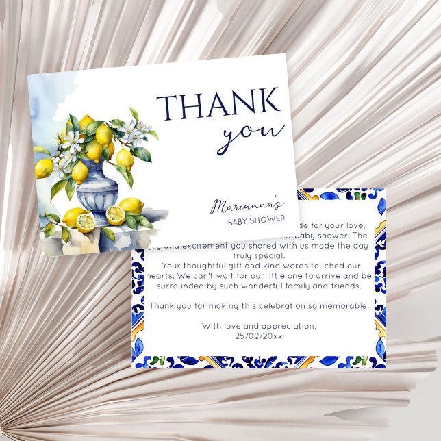 Tarjeta De Agradecimiento Granero azul italiano amalfitano limones bebé duch (Amalfi Italian blue ceramics vase lemons citrus summer gender neutral baby shower Thank You Card)