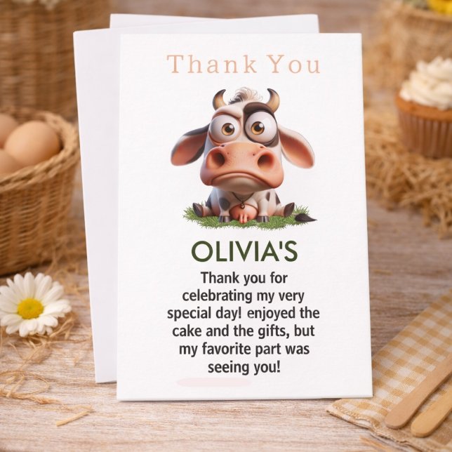 Tarjeta De Agradecimiento Granja de animales de granja Cow linda Cumpleaños  (Cute Cow Farm Animals 2nd Birthday thank you card)
