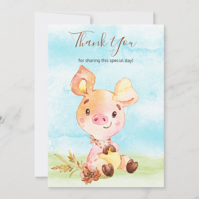 Tarjeta De Agradecimiento Granja de cerditos en acuarela Gracias (Anverso)