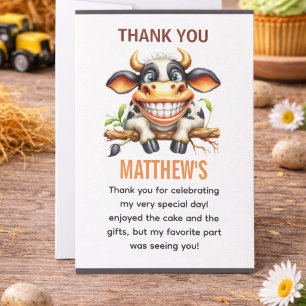 Tarjeta De Agradecimiento Granja de Vaca Loca Linda Tema Cumpleaños 1er