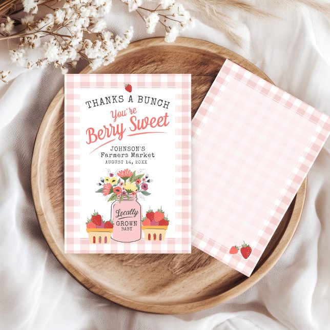 Tarjeta De Agradecimiento Granjeros de dulces de Berry en el mercado, ducha  (Pink gingham Farmers Market Locally Grown Mason Jar floral berry sweet baby shower thank you card)