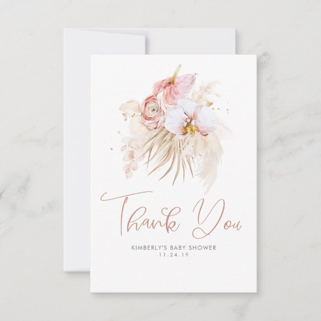 Tarjeta De Agradecimiento Grasas Pampas Floral Boho Baby Shower Gracias (Anverso)