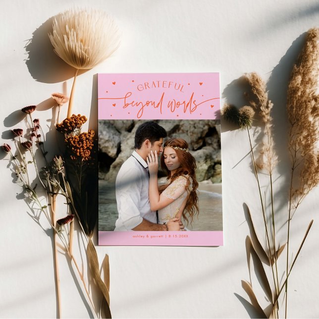 Tarjeta De Agradecimiento Grateful Beyond Words Wedding Photo Orange Pink (Subido por el creador)