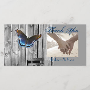 Tarjeta De Agradecimiento Gray Barn Wood BLue Butterfly Boda