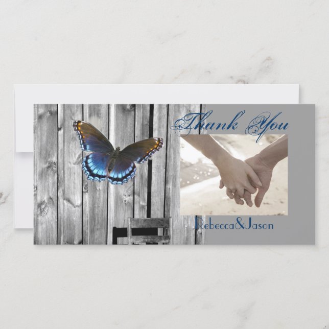 Tarjeta De Agradecimiento Gray Barn Wood BLue Butterfly Boda (Anverso)
