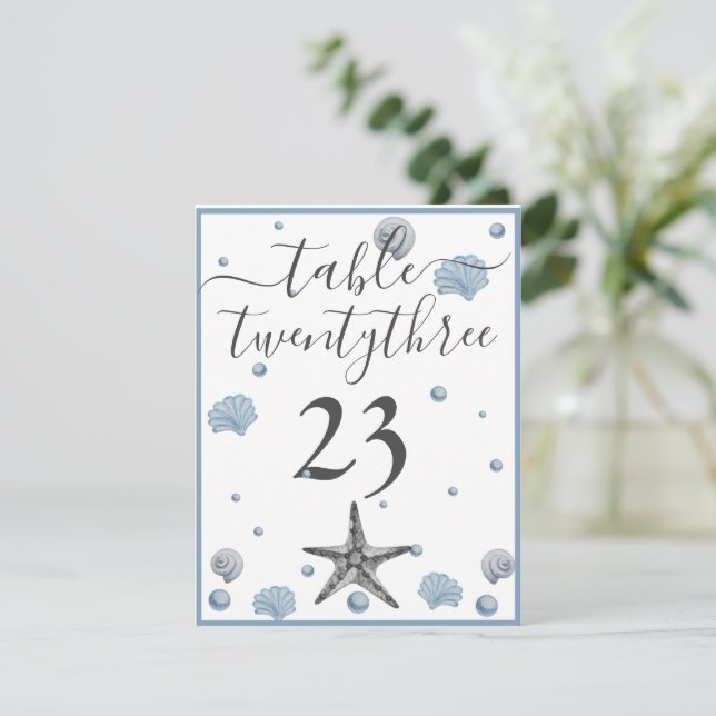 Tarjeta De Agradecimiento Gray Starfish Blue Shells Beach Wedding Gracias (Anverso de pie)