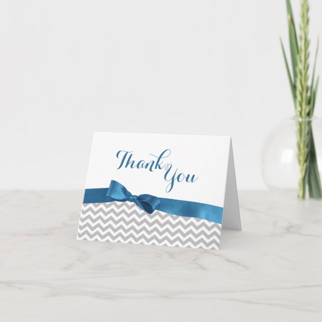 Tarjeta De Agradecimiento Gray Zigzag y Blue Bow Gracias (Anverso)