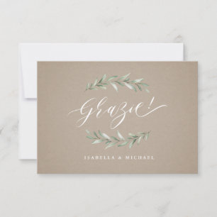 Tarjeta De Agradecimiento ¡Grazie! Kraft Sencilla caligrafía vegetación rúst