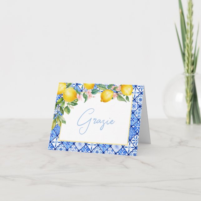 Tarjeta De Agradecimiento Grazie Lemons Ducha de novia con azulejos azules i (Anverso)