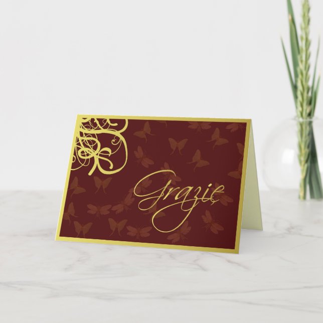 Tarjeta De Agradecimiento Grazie marrón y oro (Anverso)