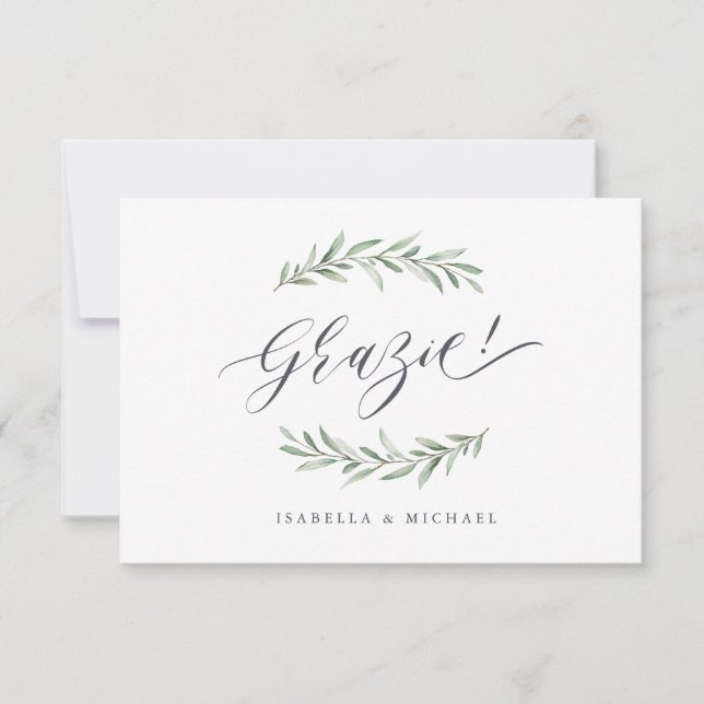 Tarjeta De Agradecimiento ¡Grazie! Sencilla caligrafía vegetación rústica (Anverso)