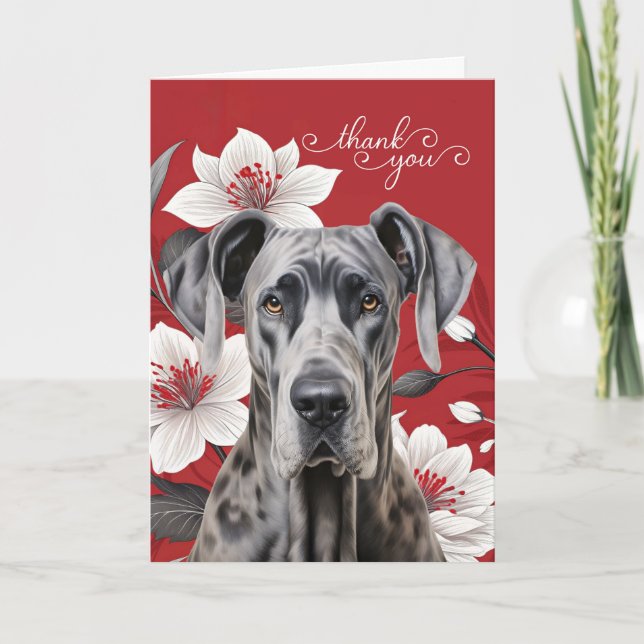 Tarjeta De Agradecimiento Great Dane Dog with White Lilies on Red (Anverso)