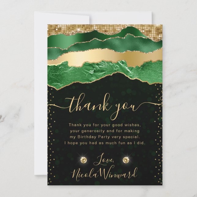 Tarjeta De Agradecimiento Green and Gold Glam Lears Birday Party (Anverso)