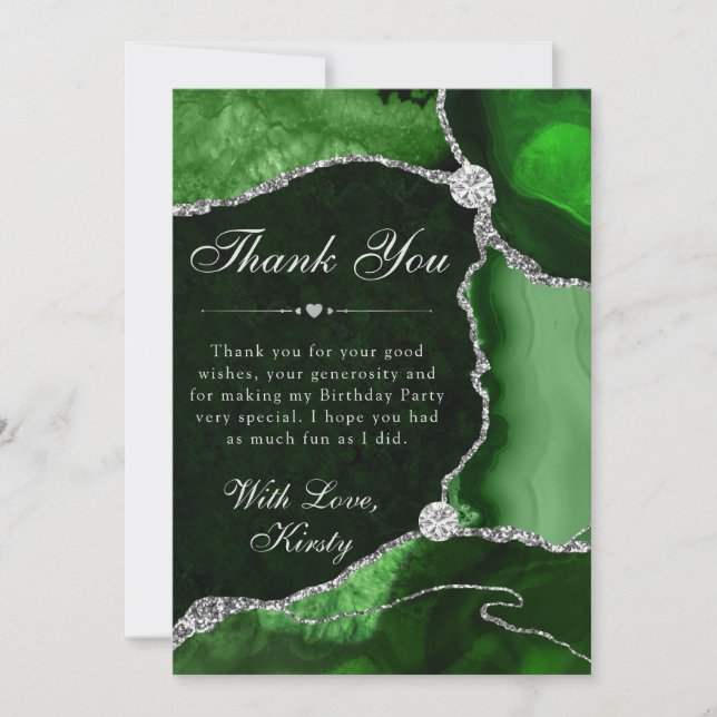 Tarjeta De Agradecimiento Green and Silver Faux Glitter Agate Birthday (Anverso)
