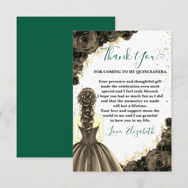 Tarjeta De Agradecimiento Green & Black Quinceañera Custom Thank You Card (Anverso / Reverso)