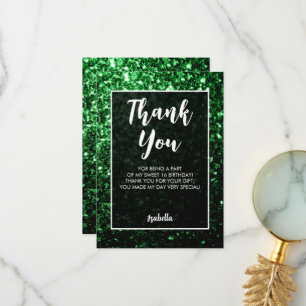 Tarjeta De Agradecimiento Green black sparkles Sweet 16 script elegante