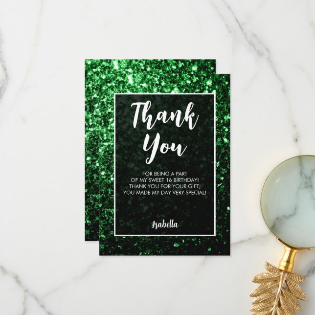 Tarjeta De Agradecimiento Green black sparkles Sweet 16 script elegante (Anverso/Reverso In Situ)