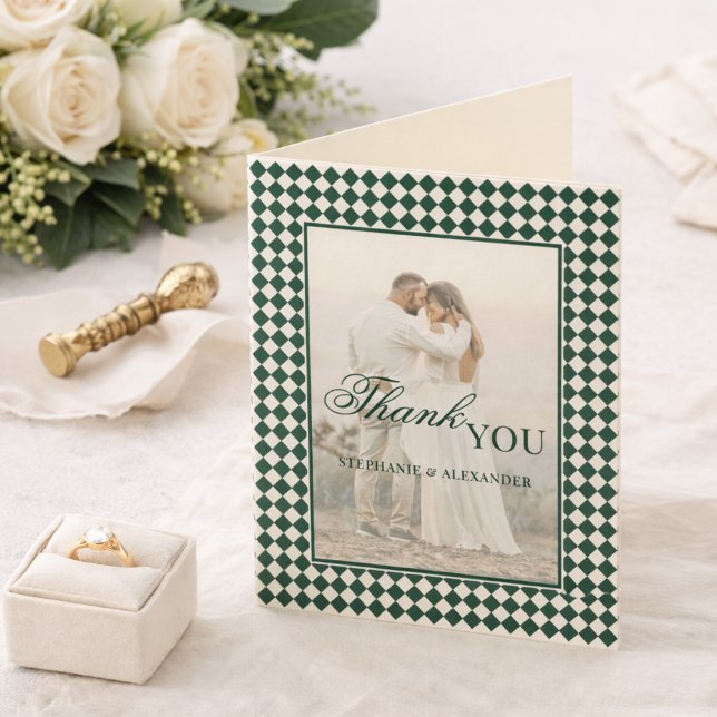 Tarjeta De Agradecimiento Green Checkered Old Money Photo Wedding Folded (Subido por el creador)