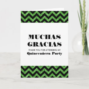 Tarjeta De Agradecimiento Green Chevron Purpurina Quinceañera Gracias