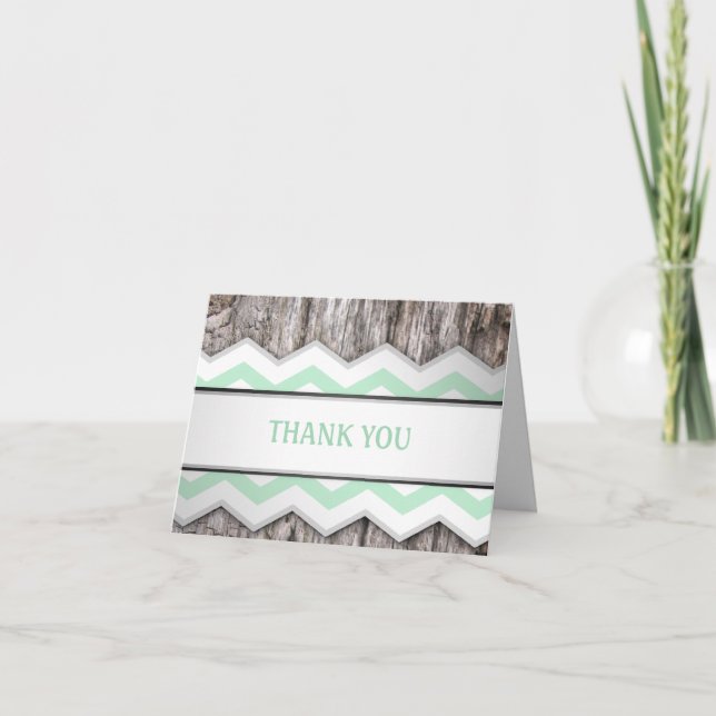 Tarjeta De Agradecimiento Green Chevron & Wood Rustic Gracias Cartas (Anverso)