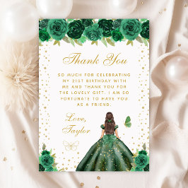 Tarjeta De Agradecimiento Green Floral Brunette Hair Princess Birthday Party