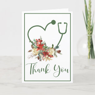 Tarjeta De Agradecimiento Green Floral Stethoscope Festividades Cardíacas Gr