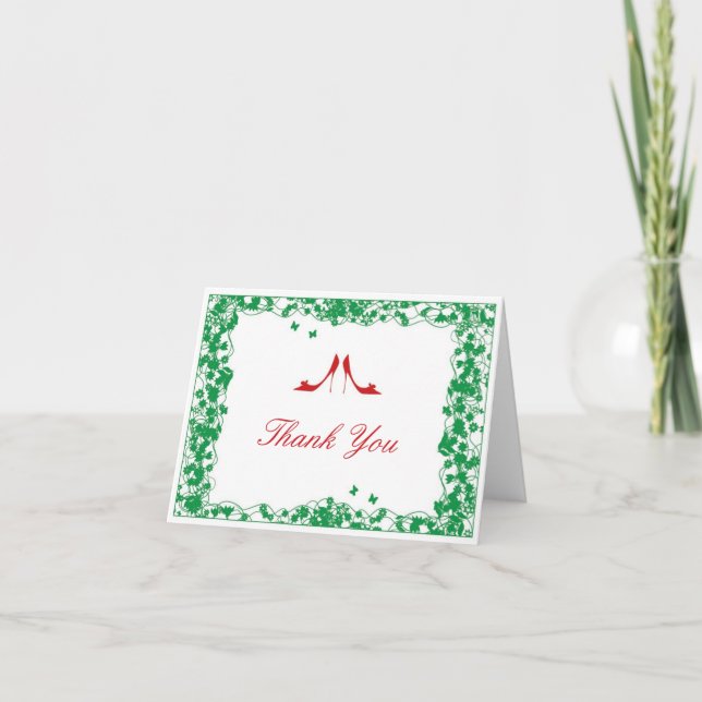 Tarjeta De Agradecimiento Green Flower Red Shoes Bridal Shower Gracias al au (Anverso)